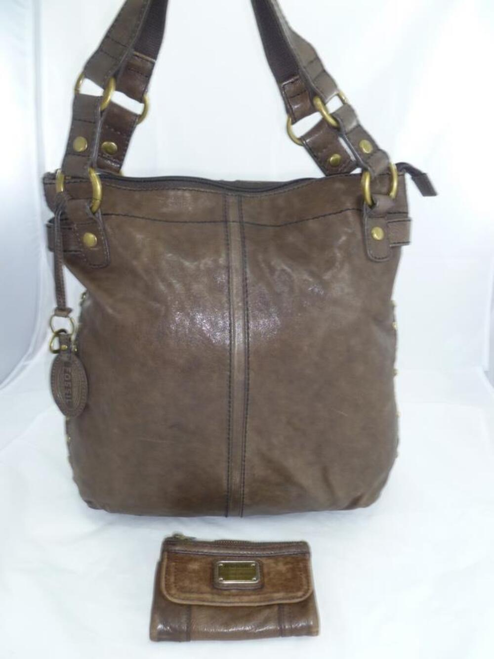 FOSSIL WINSLET GLAZED LEATHER STUDDED SHOULDER BAG/TOTE LONG LIVE VINTAGE+WALLET